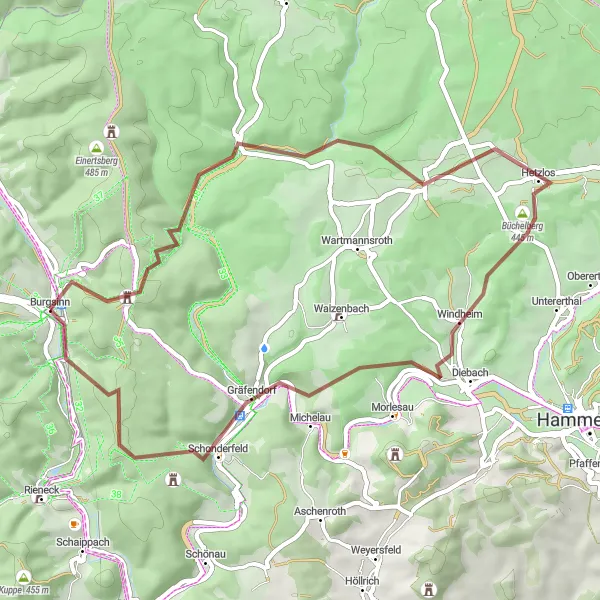 Map miniature of "Schwärzelbach Loop" cycling inspiration in Unterfranken, Germany. Generated by Tarmacs.app cycling route planner