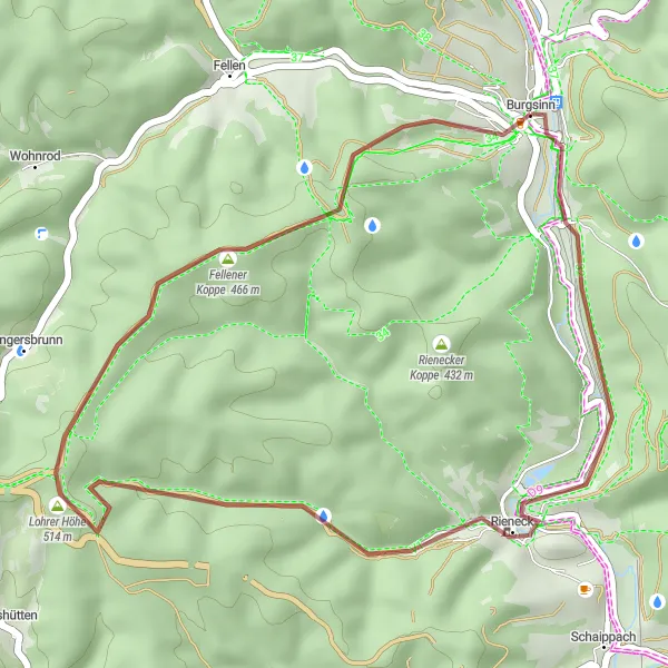 Map miniature of "Burgsinn to Frohnhofer Schlößchen Gravel Loop" cycling inspiration in Unterfranken, Germany. Generated by Tarmacs.app cycling route planner