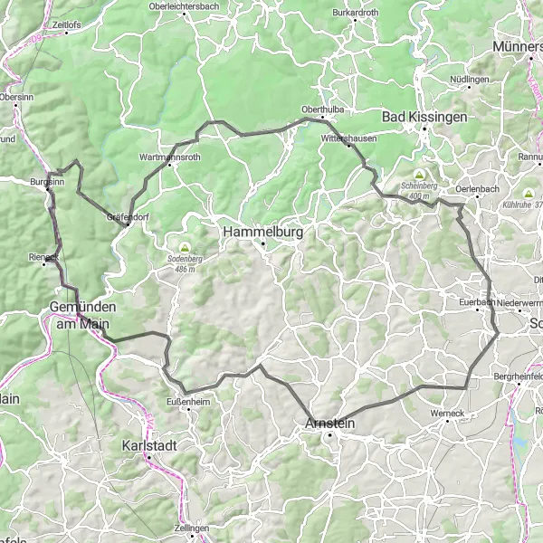Map miniature of "Unterfranken Exploration" cycling inspiration in Unterfranken, Germany. Generated by Tarmacs.app cycling route planner
