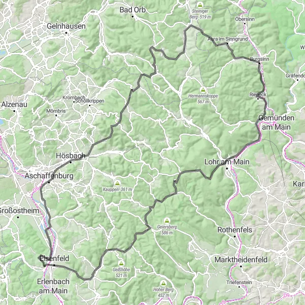 Map miniature of "The Road Warrior" cycling inspiration in Unterfranken, Germany. Generated by Tarmacs.app cycling route planner