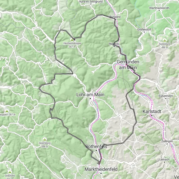 Map miniature of "The Countryside Escape" cycling inspiration in Unterfranken, Germany. Generated by Tarmacs.app cycling route planner