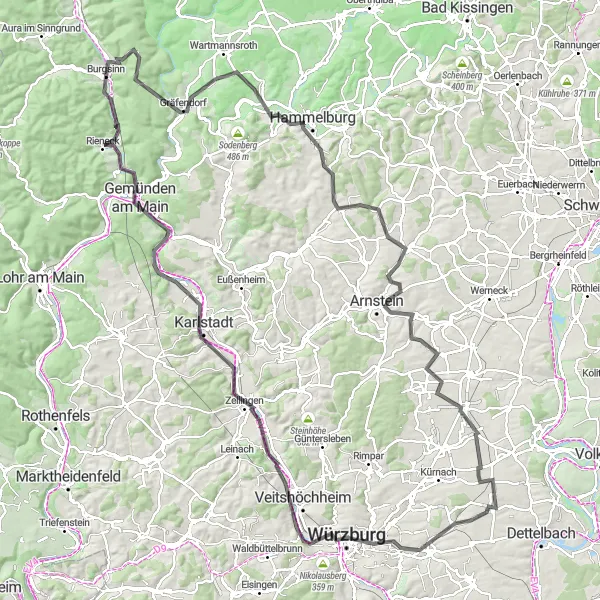 Map miniature of "Road Cycling Route in Unterfranken, Germany" cycling inspiration in Unterfranken, Germany. Generated by Tarmacs.app cycling route planner