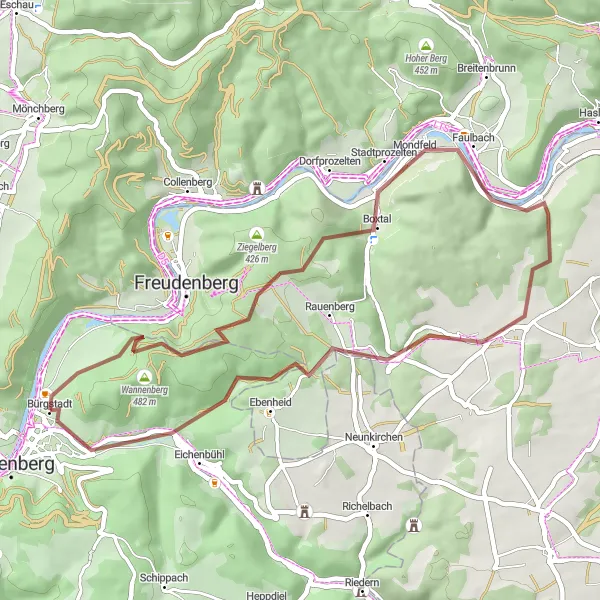 Map miniature of "Scenic Gravel Loop around Bürgstadt" cycling inspiration in Unterfranken, Germany. Generated by Tarmacs.app cycling route planner