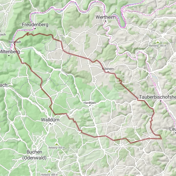 Map miniature of "Challenging Gravel Adventure from Bürgstadt" cycling inspiration in Unterfranken, Germany. Generated by Tarmacs.app cycling route planner