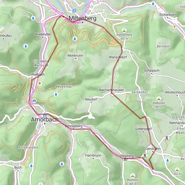 Map miniature of "Miltenberg Discoveries" cycling inspiration in Unterfranken, Germany. Generated by Tarmacs.app cycling route planner