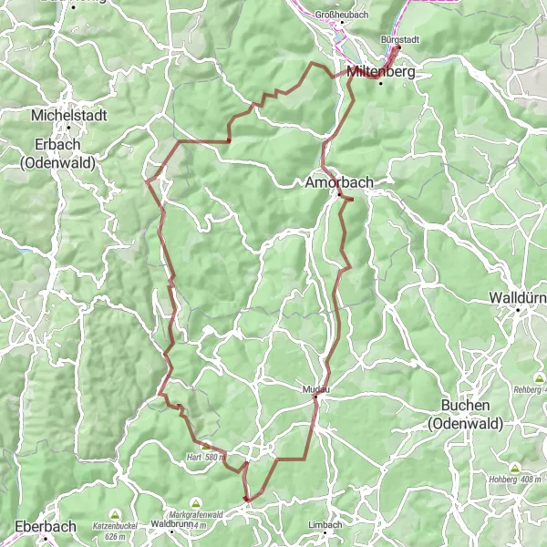 Map miniature of "Gravel Adventure" cycling inspiration in Unterfranken, Germany. Generated by Tarmacs.app cycling route planner