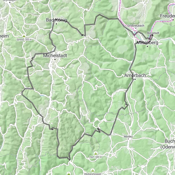 Map miniature of "Challenging Road Cycling Tour from Bürgstadt" cycling inspiration in Unterfranken, Germany. Generated by Tarmacs.app cycling route planner