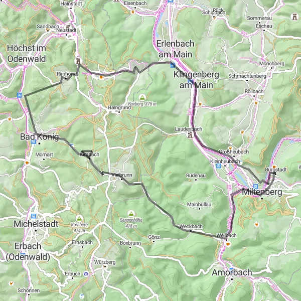 Karten-Miniaturansicht der Radinspiration "Gemütliche Tour durch den Odenwald" in Unterfranken, Germany. Erstellt vom Tarmacs.app-Routenplaner für Radtouren