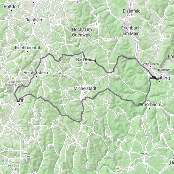 Map miniature of "Enchanted Odenwald" cycling inspiration in Unterfranken, Germany. Generated by Tarmacs.app cycling route planner