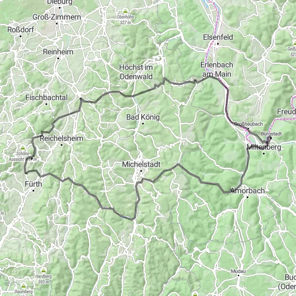 Map miniature of "Odenwald Climb Challenge" cycling inspiration in Unterfranken, Germany. Generated by Tarmacs.app cycling route planner