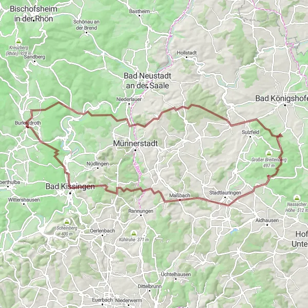 Map miniature of "Unterfranken Gravel Adventure" cycling inspiration in Unterfranken, Germany. Generated by Tarmacs.app cycling route planner