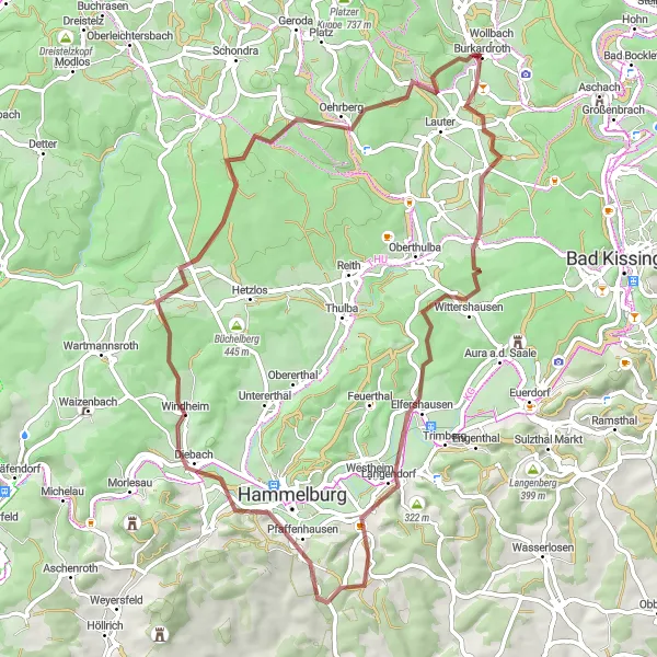 Map miniature of "Discover the Countryside" cycling inspiration in Unterfranken, Germany. Generated by Tarmacs.app cycling route planner