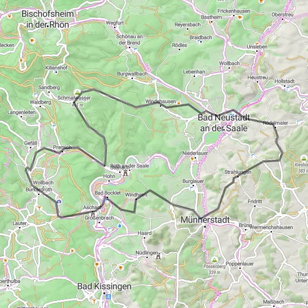 Map miniature of "The Road to Adventure" cycling inspiration in Unterfranken, Germany. Generated by Tarmacs.app cycling route planner