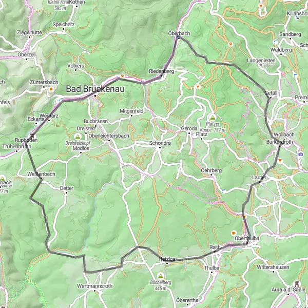 Map miniature of "The Road to Scenic Beauty" cycling inspiration in Unterfranken, Germany. Generated by Tarmacs.app cycling route planner