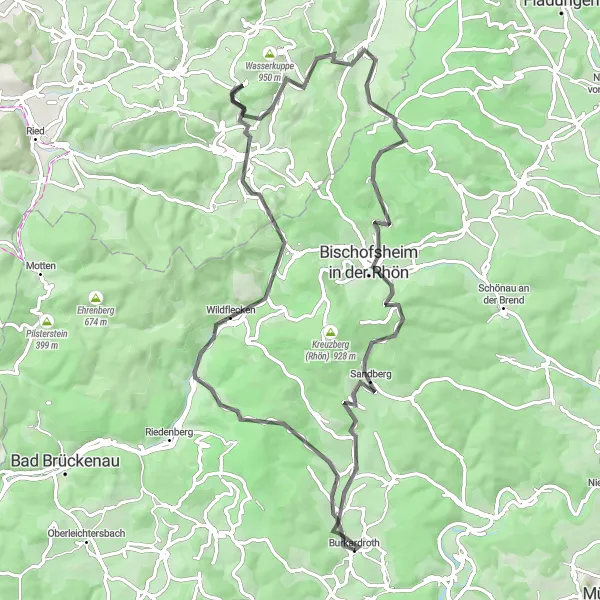 Map miniature of "Rhön Mountains Circuit" cycling inspiration in Unterfranken, Germany. Generated by Tarmacs.app cycling route planner