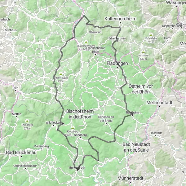 Map miniature of "Rhön Grand Tour" cycling inspiration in Unterfranken, Germany. Generated by Tarmacs.app cycling route planner