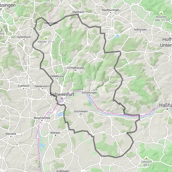 Map miniature of "Unterfranken Adventure" cycling inspiration in Unterfranken, Germany. Generated by Tarmacs.app cycling route planner