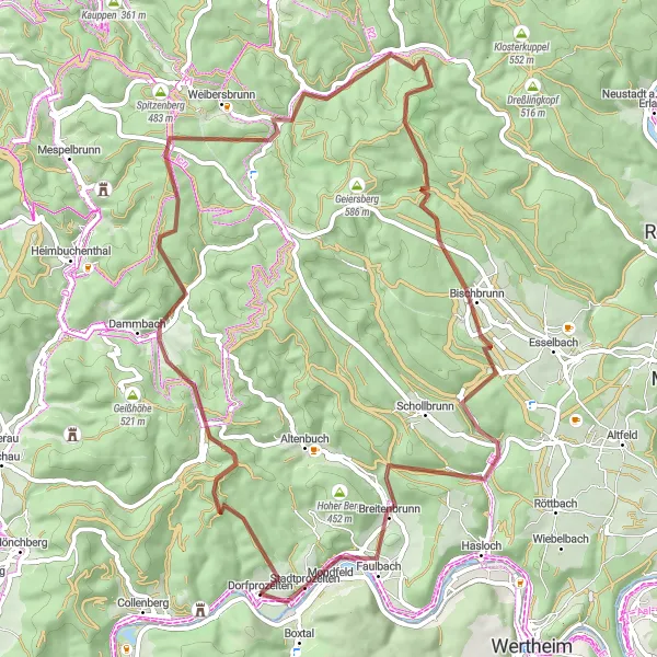 Map miniature of "Scenic Gravel Route through Dorfprozelten" cycling inspiration in Unterfranken, Germany. Generated by Tarmacs.app cycling route planner