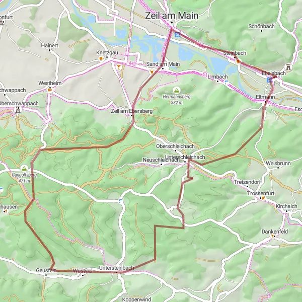 Map miniature of "Eltmann Route" cycling inspiration in Unterfranken, Germany. Generated by Tarmacs.app cycling route planner