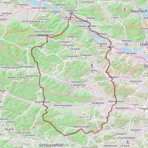 Karten-Miniaturansicht der Radinspiration "Naturschönheiten in der Umgebung von Ebelsbach" in Unterfranken, Germany. Erstellt vom Tarmacs.app-Routenplaner für Radtouren