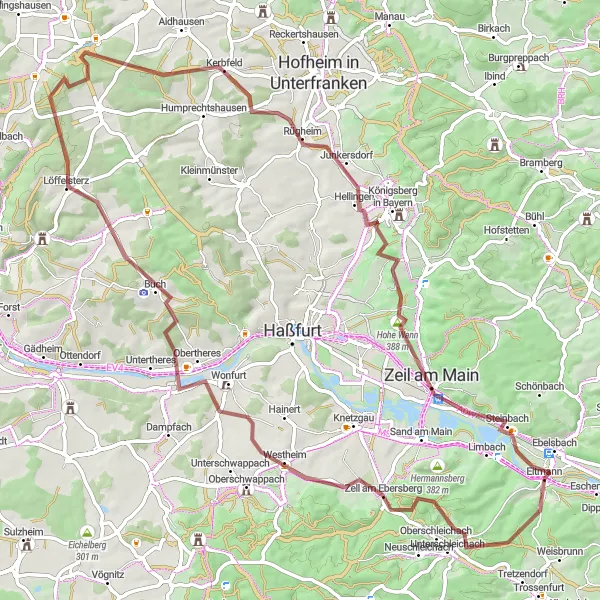 Karten-Miniaturansicht der Radinspiration "Rundfahrt um Ebelsbach auf Schotterwegen" in Unterfranken, Germany. Erstellt vom Tarmacs.app-Routenplaner für Radtouren