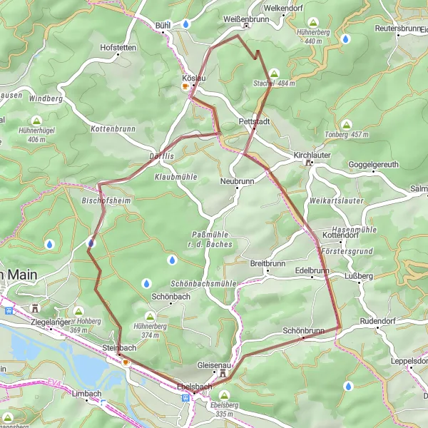 Map miniature of "The Steinberg Circuit" cycling inspiration in Unterfranken, Germany. Generated by Tarmacs.app cycling route planner