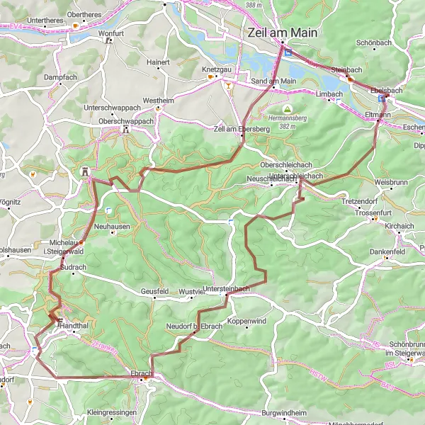 Map miniature of "The Steigerwald Exploration" cycling inspiration in Unterfranken, Germany. Generated by Tarmacs.app cycling route planner