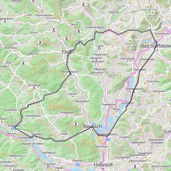 Karten-Miniaturansicht der Radinspiration "Rundtour durch die Hügellandschaft um Ebelsbach" in Unterfranken, Germany. Erstellt vom Tarmacs.app-Routenplaner für Radtouren