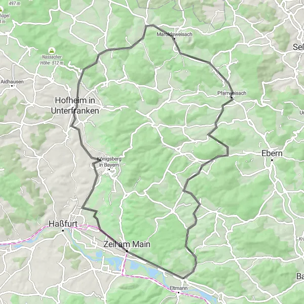Map miniature of "Ebelsbach Road Cycling Loop" cycling inspiration in Unterfranken, Germany. Generated by Tarmacs.app cycling route planner