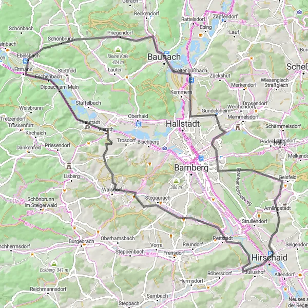 Karten-Miniaturansicht der Radinspiration "Radtour durch die Landschaft um Ebelsbach" in Unterfranken, Germany. Erstellt vom Tarmacs.app-Routenplaner für Radtouren