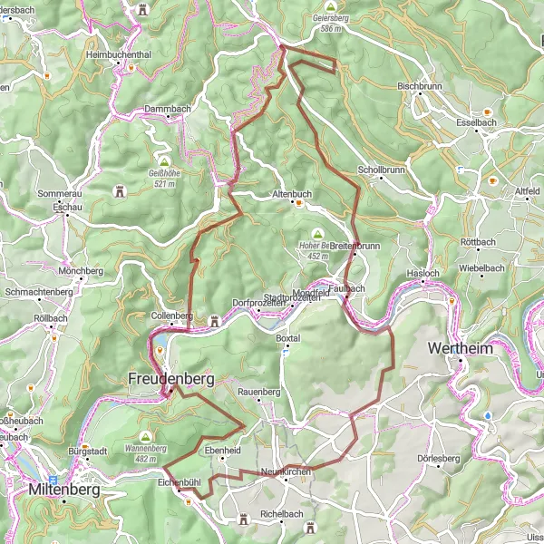 Map miniature of "Adventurous Route through Spessart" cycling inspiration in Unterfranken, Germany. Generated by Tarmacs.app cycling route planner