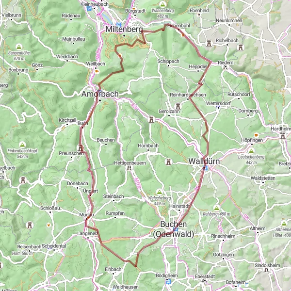 Map miniature of "Exploring Odenwald's Gravel Trails" cycling inspiration in Unterfranken, Germany. Generated by Tarmacs.app cycling route planner
