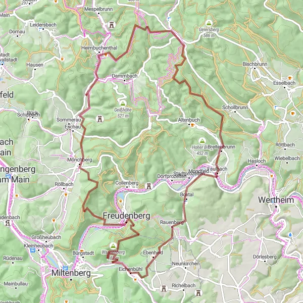 Map miniature of "Gravel Adventure to Bürgstädter Berg and Schwarzkopf" cycling inspiration in Unterfranken, Germany. Generated by Tarmacs.app cycling route planner