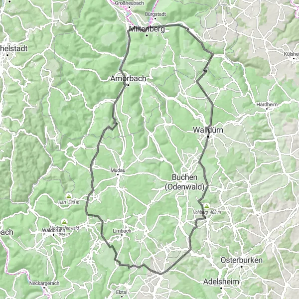 Map miniature of "Road Cycling Route from Eichenbühl" cycling inspiration in Unterfranken, Germany. Generated by Tarmacs.app cycling route planner