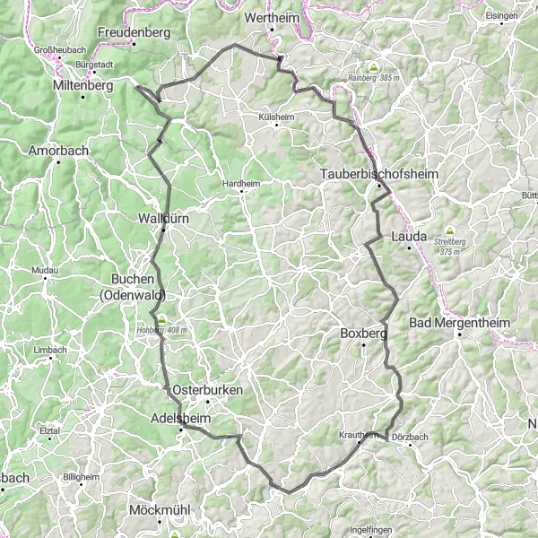 Map miniature of "Road Cycling Route to Nassig" cycling inspiration in Unterfranken, Germany. Generated by Tarmacs.app cycling route planner