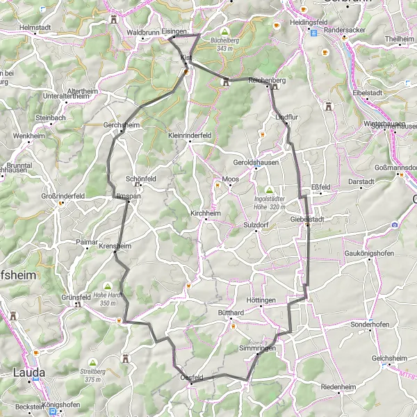 Karten-Miniaturansicht der Radinspiration "Rund um Eisingen und die Burgruine Guttenberg" in Unterfranken, Germany. Erstellt vom Tarmacs.app-Routenplaner für Radtouren