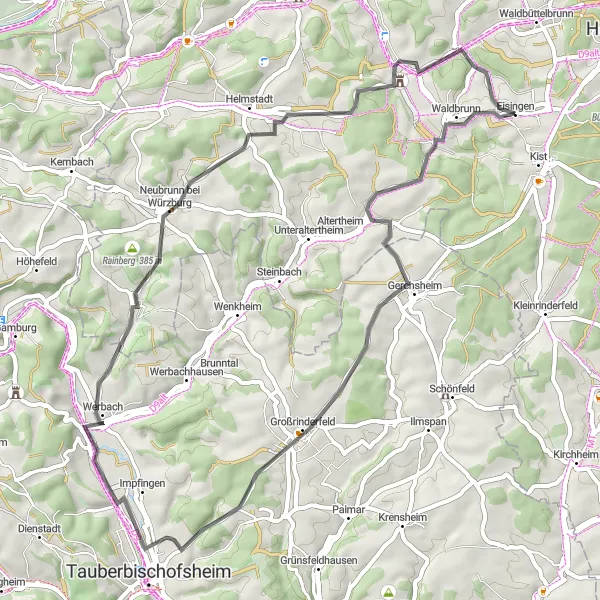 Karten-Miniaturansicht der Radinspiration "Würzburger Hügelrunde" in Unterfranken, Germany. Erstellt vom Tarmacs.app-Routenplaner für Radtouren