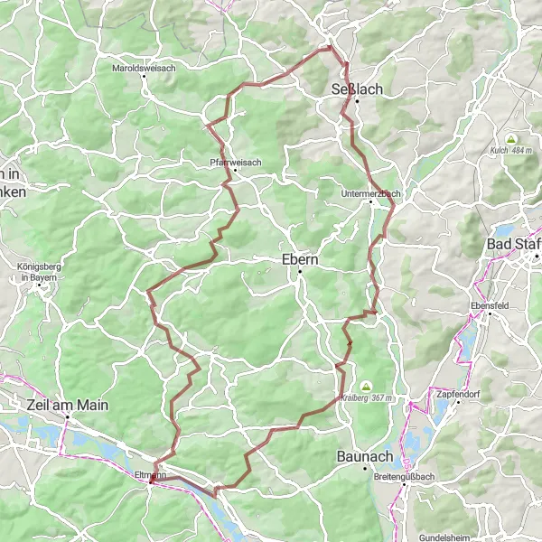 Map miniature of "Hassberge Gravel Adventure" cycling inspiration in Unterfranken, Germany. Generated by Tarmacs.app cycling route planner