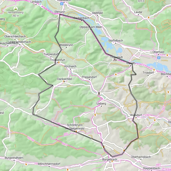 Karten-Miniaturansicht der Radinspiration "Idyllische Fahrt durch den Steigerwald" in Unterfranken, Germany. Erstellt vom Tarmacs.app-Routenplaner für Radtouren