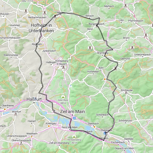 Map miniature of "Vineyard Tour Road Ride" cycling inspiration in Unterfranken, Germany. Generated by Tarmacs.app cycling route planner