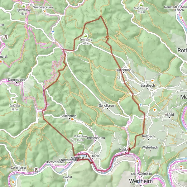 Karten-Miniaturansicht der Radinspiration "Gravel-Tour um Faulbach" in Unterfranken, Germany. Erstellt vom Tarmacs.app-Routenplaner für Radtouren