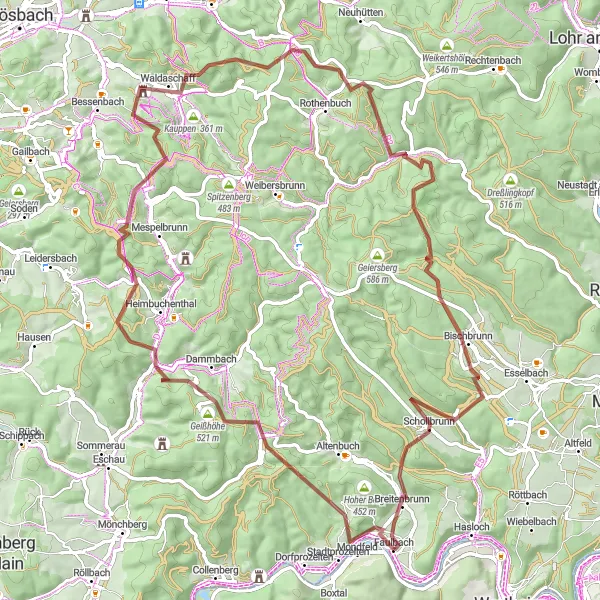 Karten-Miniaturansicht der Radinspiration "Aufregende Gravel-Tour um Faulbach" in Unterfranken, Germany. Erstellt vom Tarmacs.app-Routenplaner für Radtouren