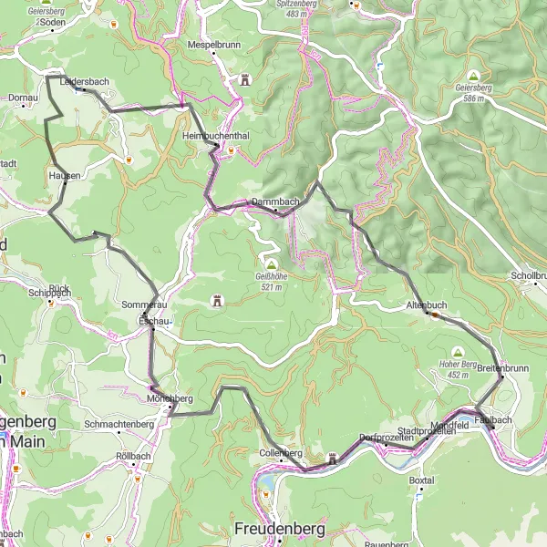 Karten-Miniaturansicht der Radinspiration "Road-Tour durch die Spessartdörfer" in Unterfranken, Germany. Erstellt vom Tarmacs.app-Routenplaner für Radtouren