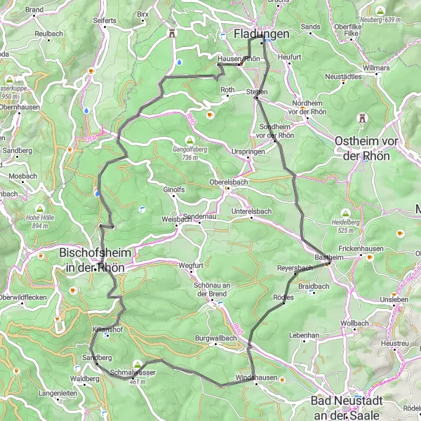 Map miniature of "The Rhön Loop" cycling inspiration in Unterfranken, Germany. Generated by Tarmacs.app cycling route planner