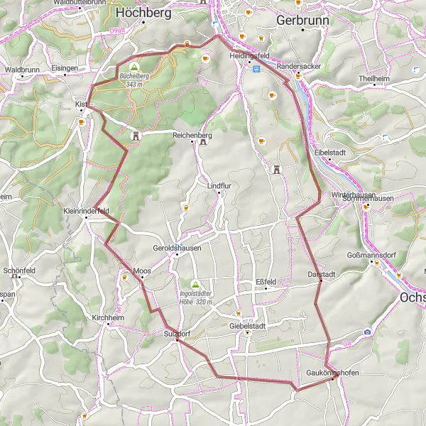 Karten-Miniaturansicht der Radinspiration "Gravel-Abenteuer von Gaukönigshofen" in Unterfranken, Germany. Erstellt vom Tarmacs.app-Routenplaner für Radtouren