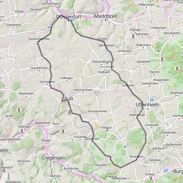 Karten-Miniaturansicht der Radinspiration "Durch die Main-Ebene nach Gelchsheim" in Unterfranken, Germany. Erstellt vom Tarmacs.app-Routenplaner für Radtouren