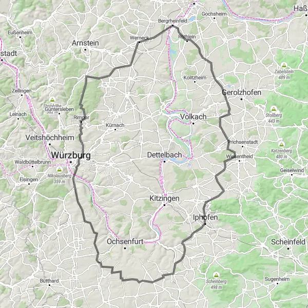 Karten-Miniaturansicht der Radinspiration "Mainfränkisches Weinland und Schloss Werneck" in Unterfranken, Germany. Erstellt vom Tarmacs.app-Routenplaner für Radtouren
