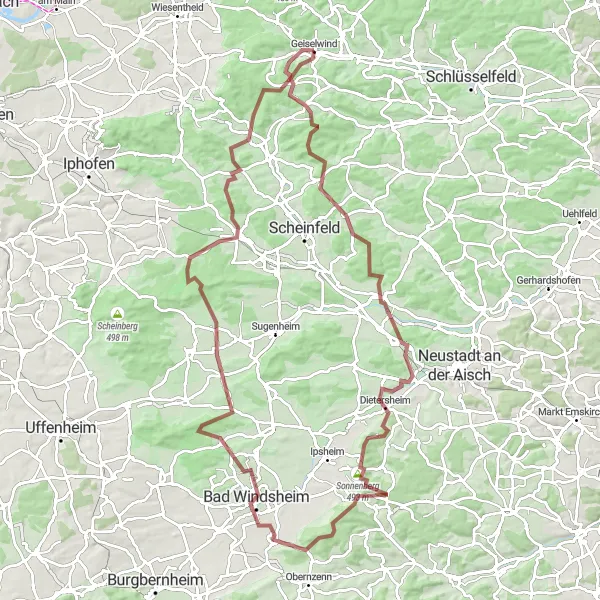 Map miniature of "Geiselwind to Top Of The World Gravel Adventure" cycling inspiration in Unterfranken, Germany. Generated by Tarmacs.app cycling route planner