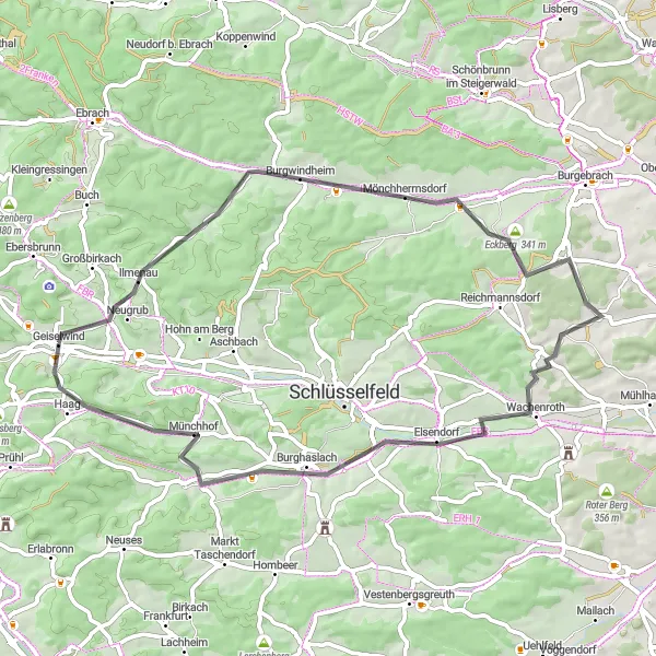 Map miniature of "Geiselwind to Discover the Franconian Countryside" cycling inspiration in Unterfranken, Germany. Generated by Tarmacs.app cycling route planner