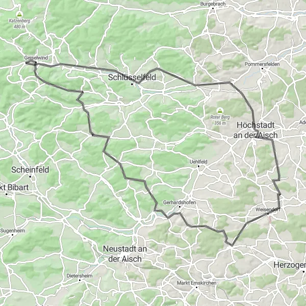 Map miniature of "Scenic Geiselwind Loop" cycling inspiration in Unterfranken, Germany. Generated by Tarmacs.app cycling route planner